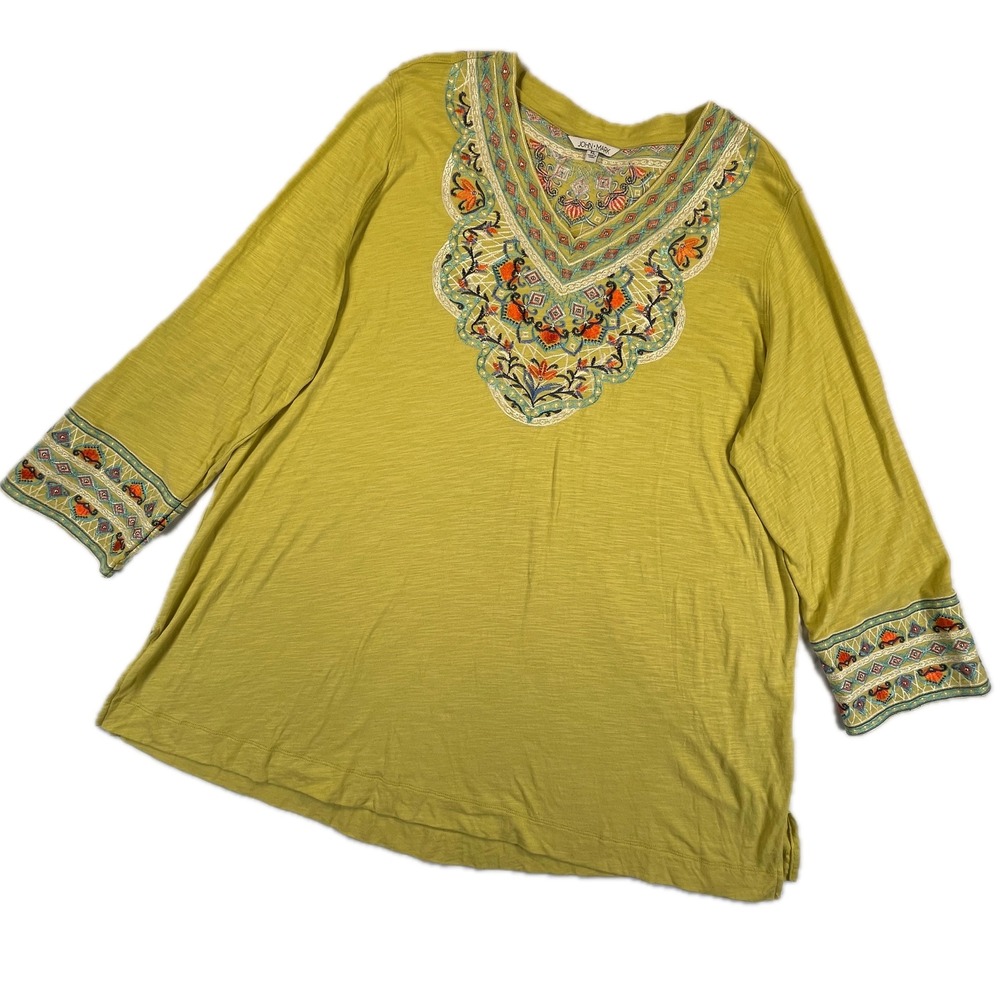 John Mark Embroidered V-Neck Top XL Green Cotton Modal Boho Beaded Peasant Tunic